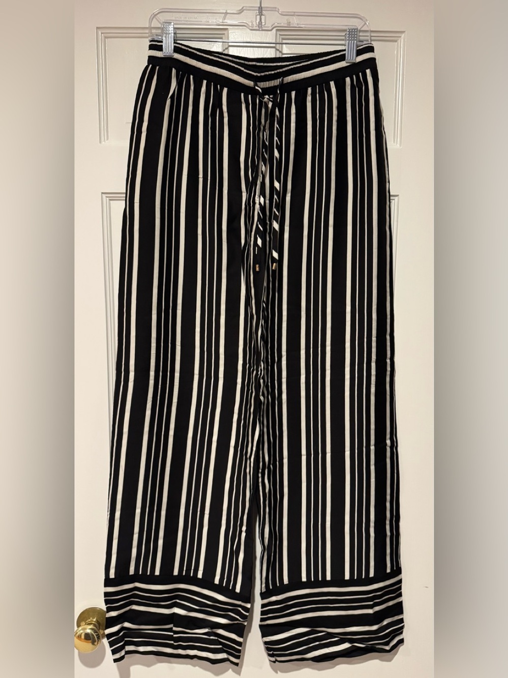 Trina Turk Black and White Vertical Stripe Wide-Leg Pants
